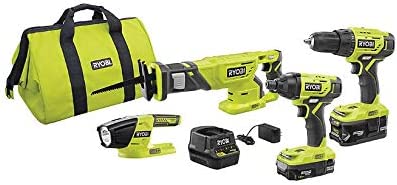 RYOBI ONE+ 18V Lithium-Ion Cordless 4-Tool Combo Kit with (2) Batteries, 18V Charger, and Bag