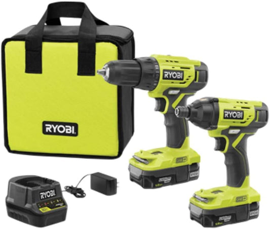 RYOBI ONE+ 18V Lithium-Ion Cordless 2-Tool Combo Kit w/ Drill/Driver, Impact Driver, (2) 1.5 Ah Batteries, Charger and Bag