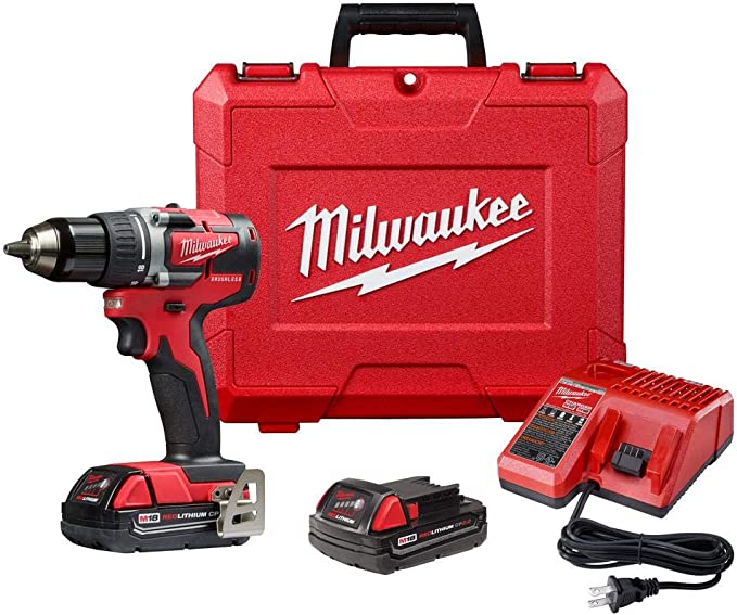 Milwaukee 2801-22CT M18 18-Volt Lithium-Ion Brushless Cordless Compact 1/2 Inch Drill/Driver Kit with 2 Batteries 2.0 Ah, Charger and Case