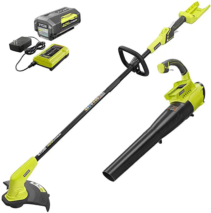 RYOBI 15 in Brushless 40-Volt Lithium-Ion Cordless Attachment Capable String Trimmer/Weed eater & leaf blower 4.0 Ah Battery and Charger Included