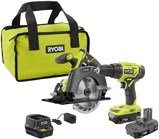 RYOBI ONE+ 18V Lithium-Ion Cordless 2-Tool Combo Kit w/ Drill/Driver, Circular Saw, (2) 1.5 Ah Batteries, Charger, and Bag