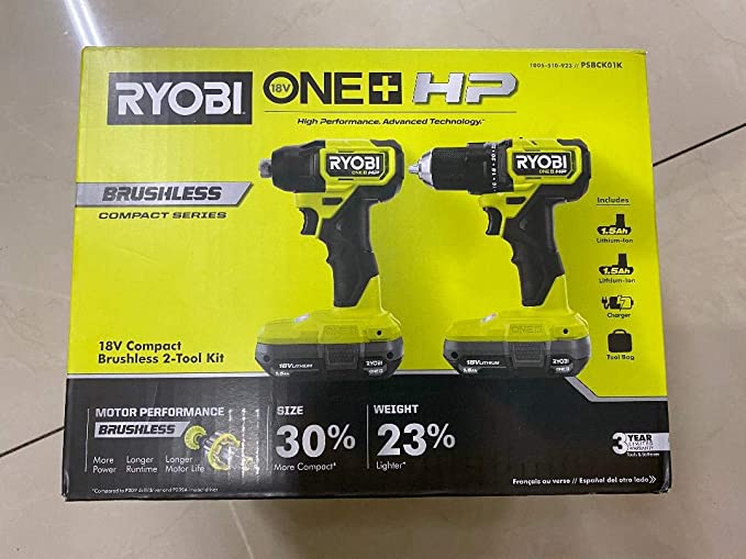 Ryobi ONE+ HP 18V Brushless Cordless Compact 1/2 in. Drill and Impact Driver Kit with (2) 1.5 Ah Batteries, Charger and Bag