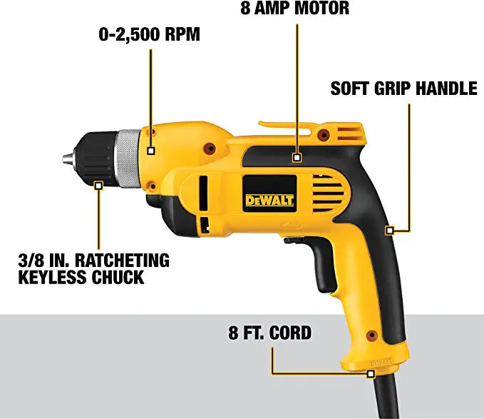 DEWALT Corded Drill, 7.0-Amp, 3/8-Inch, Pistol Grip