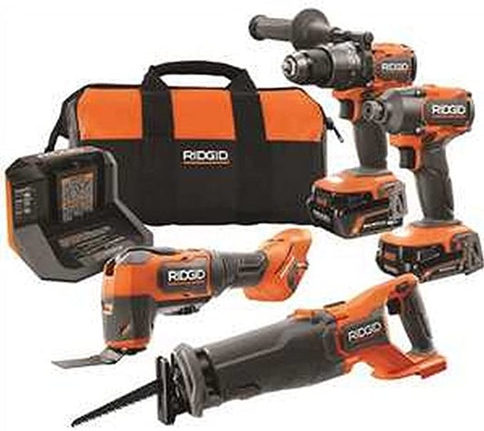 RIDGID 18V Brushless Cordless 4-Tool Combo Kit with (1) 4.0 Ah and (1) 2.0 Ah MAX Output Batteries, 18V Charger, and Tool Bag