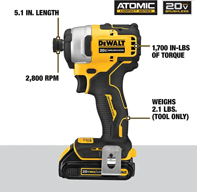 DEWALT ATOMIC 20V MAX* Impact Driver, Cordless, Compact Kit, 2 Batteries, 1/4-Inch