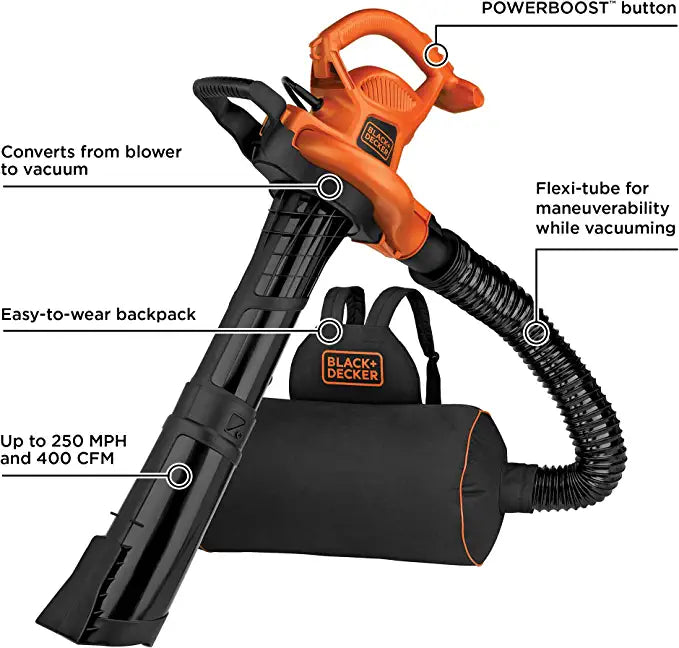 BLACK+DECKER 3-in-1 Electric Leaf Blower, Leaf Vacuum, Mulcher