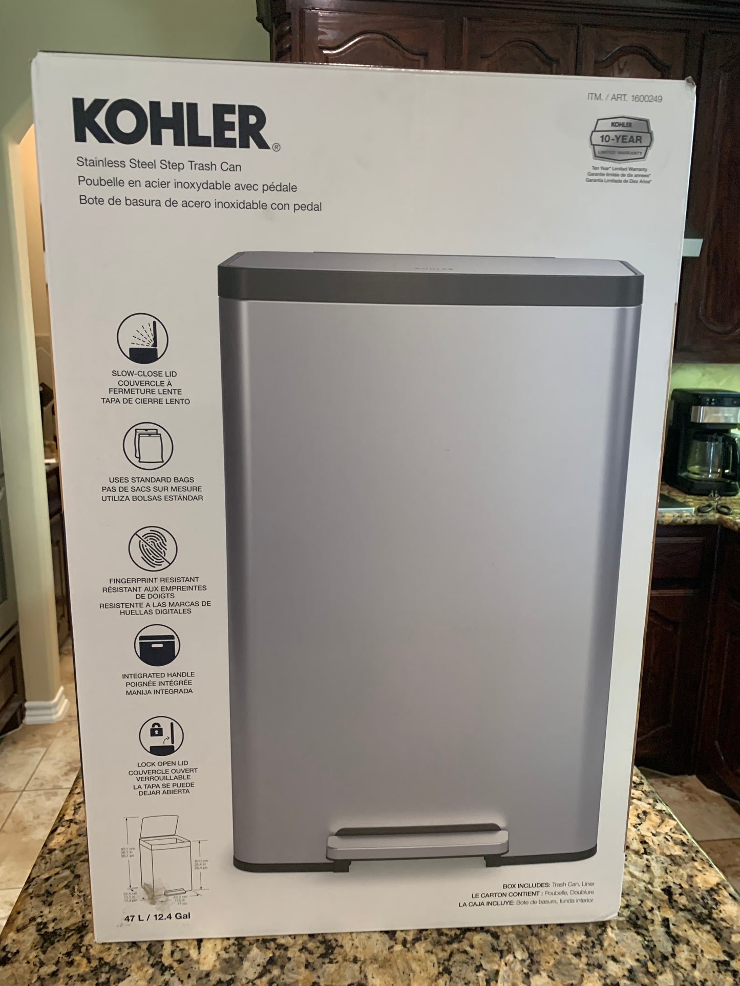 Kohler 47L 12.4 gal stainless steel trash can