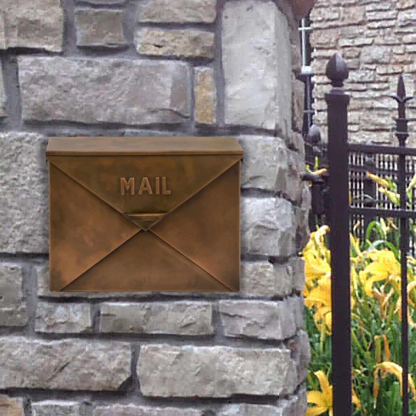 Spacious Envelope Shaped Wall Mount Iron Mail Box, Copper Finish