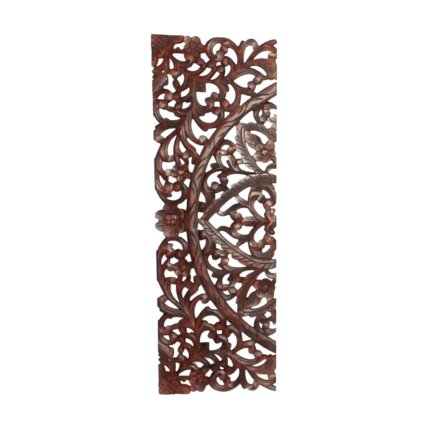 Three Piece Wooden Wall Panel Set with Traditional Scrollwork and Floral Details, Brown