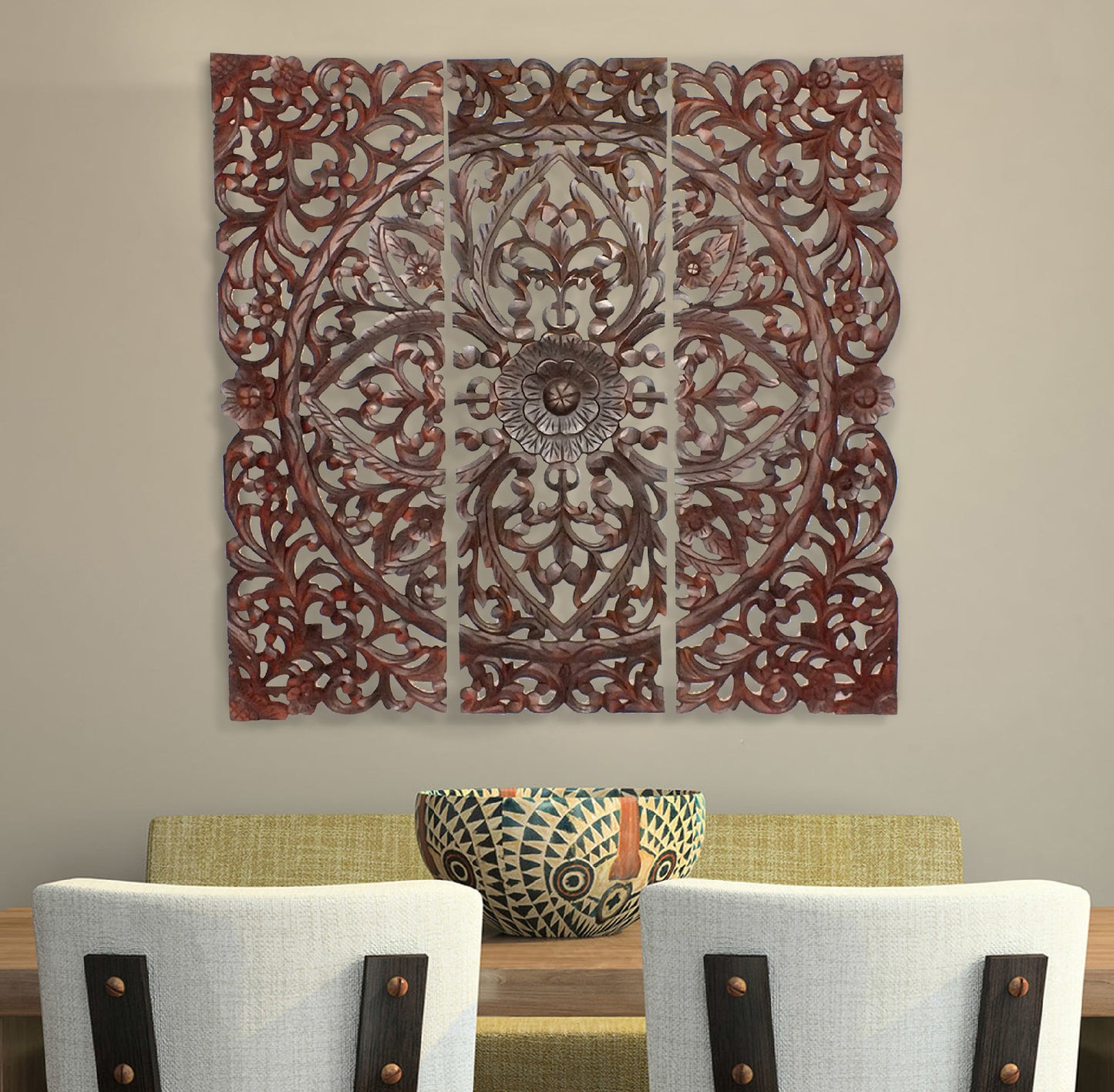 Three Piece Wooden Wall Panel Set with Traditional Scrollwork and Floral Details, Brown