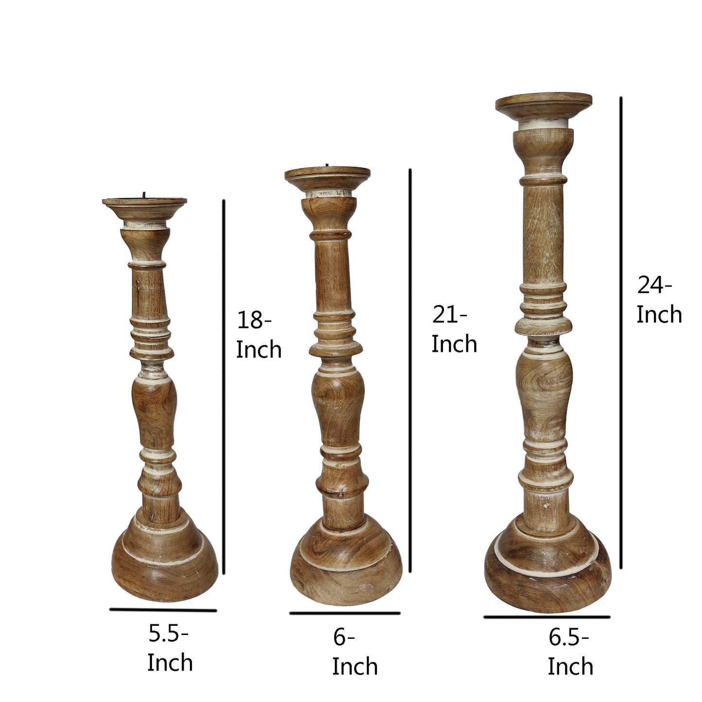 Handcrafted Distressed Wooden Candle Holder with Pedestal Body, Brown, Set of 3