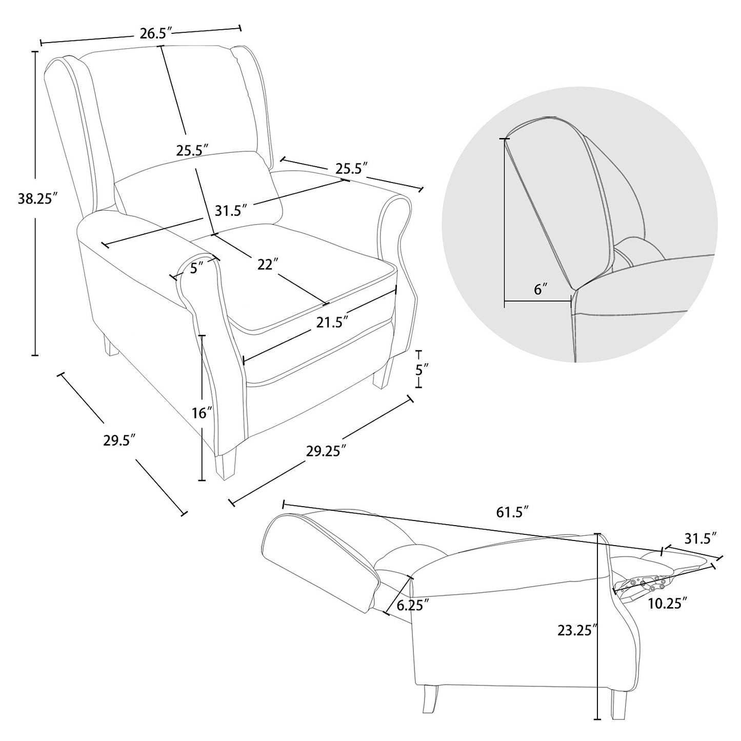 Classic Fabric Push back Recliner, Single Sofa Manual Recliner, with Padded Seat, Backrest, for Living Room, Bedroom