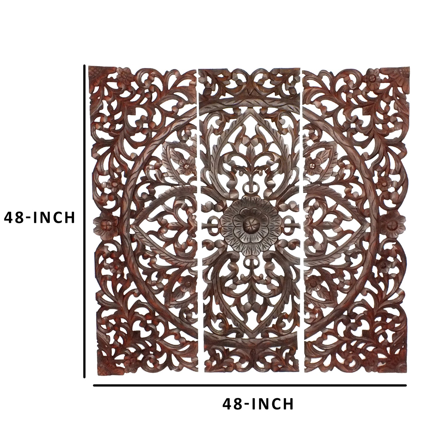 Three Piece Wooden Wall Panel Set with Traditional Scrollwork and Floral Details, Brown