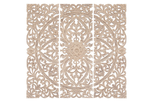 Floral Hand Carved Wooden Wall Plaque, Set of three, Antique White