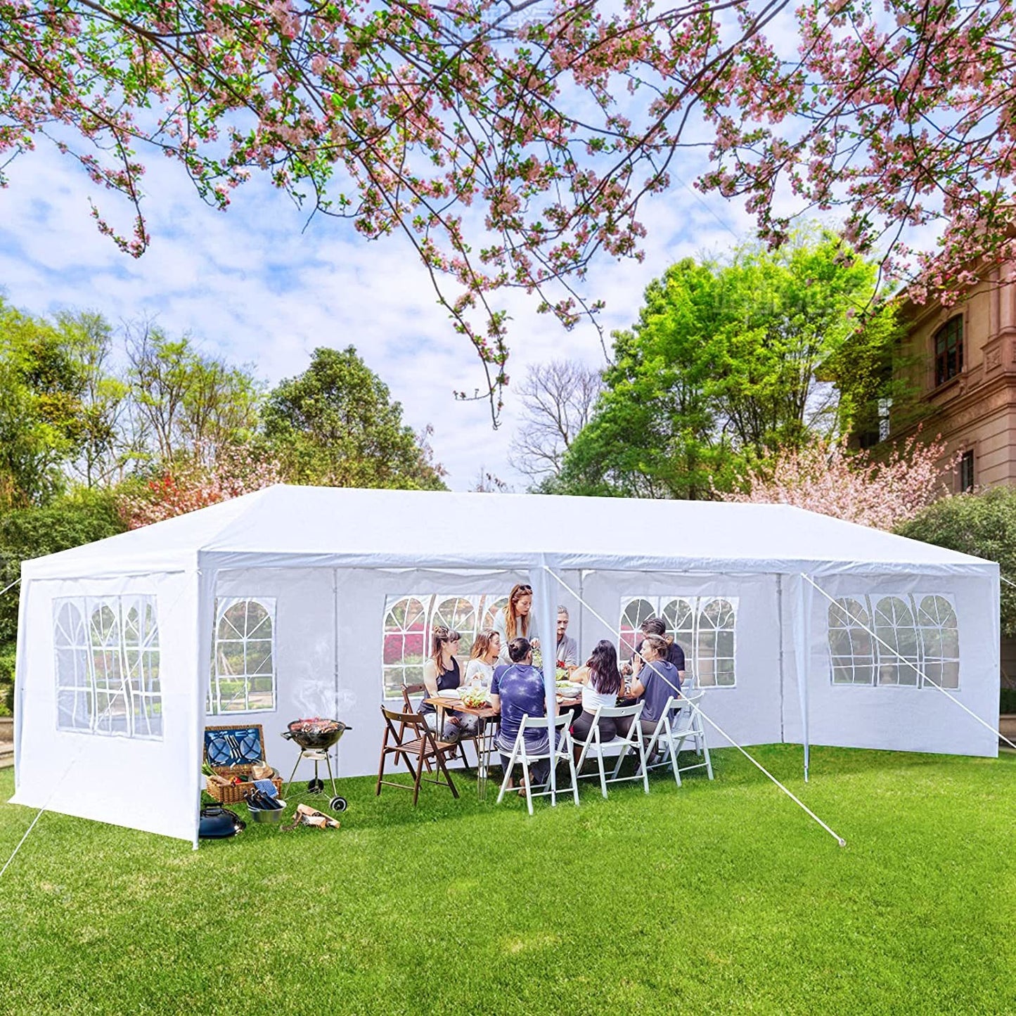 Heavy Duty Canopy Event Tent-10'x30' Outdoor White Gazebo Party Wedding Tent, Sturdy Steel Frame Shelter w/5 Removable Sidewalls Waterproof Sun Snow,Waterproof, Easy Set