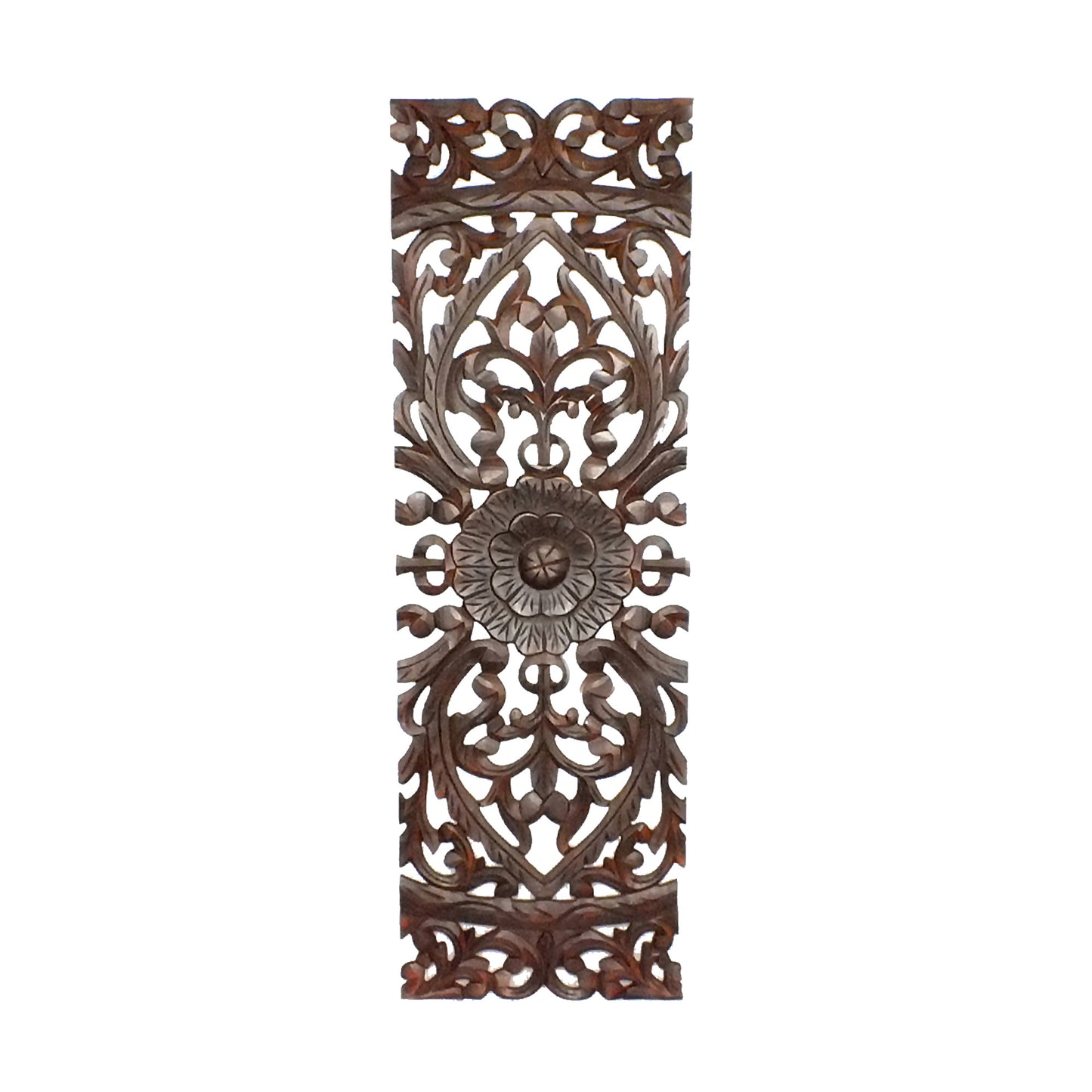 Three Piece Wooden Wall Panel Set with Traditional Scrollwork and Floral Details, Brown